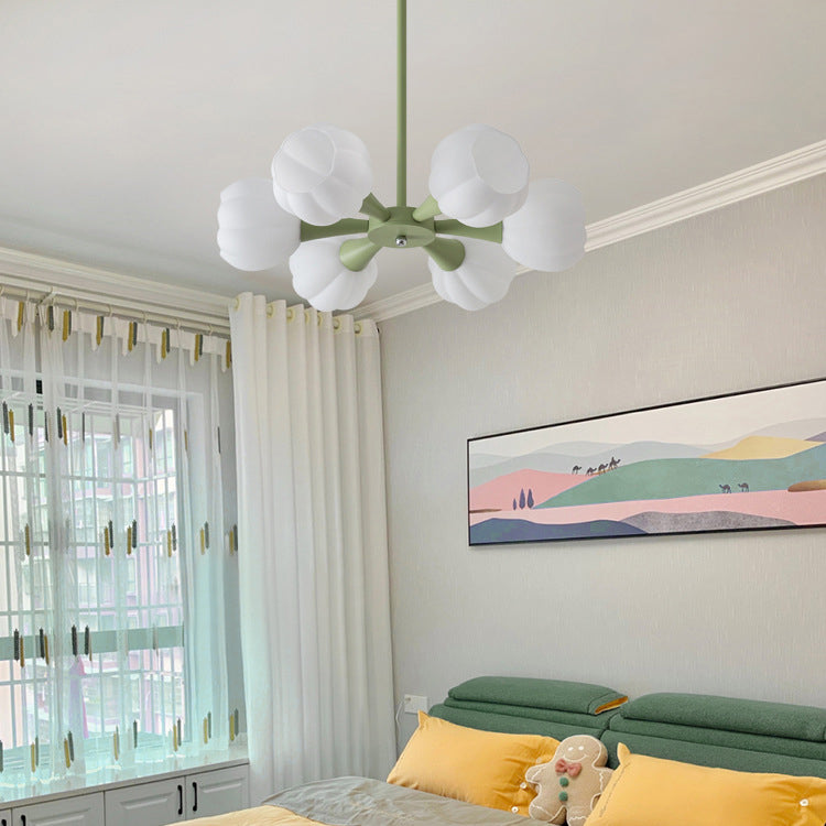 Minimalist Cream Iron & Glass Flower Chandelier for Living Room 4/6 Light