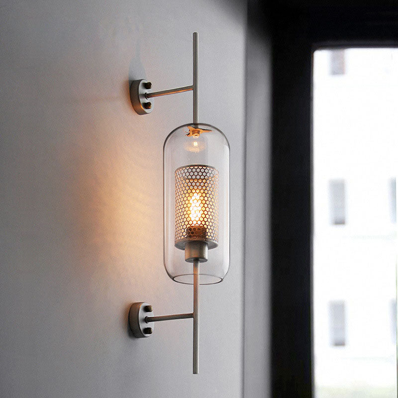 Industrial Iron Frame Wall Sconce with Cylinder Glass Shade for Bedroom