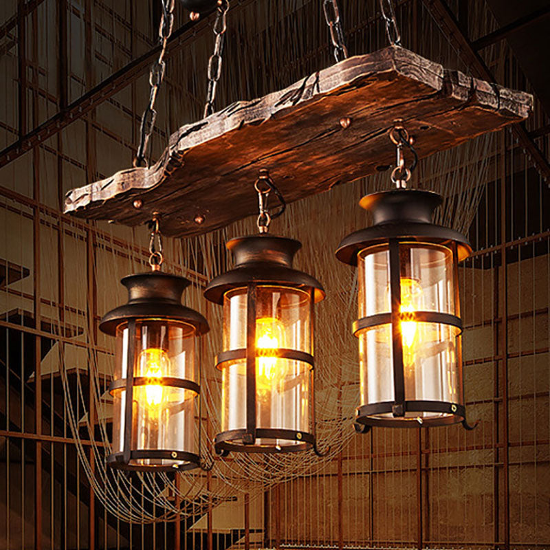 Rustic Wooden Strip Iron 3-Light Chandelier for Farmhouse Dining Room