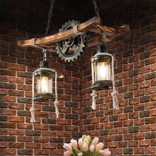 Rustic Industrial 2-Light Wooden and Metal Chandelier for Kitchen Island