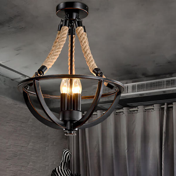 Rustic Industrial Iron 3-Light Twine Chandelier Pendant for Kitchen Island