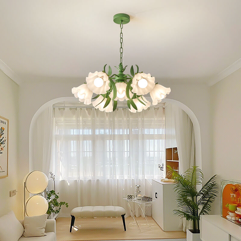 Modern Black Iron & Glass Bell Orchid Chandelier for Living Room 4-9 Lights