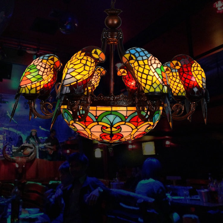 Vintage Tiffany-Style 11-Light Metal Glass Parrot Chandelier for Living Room