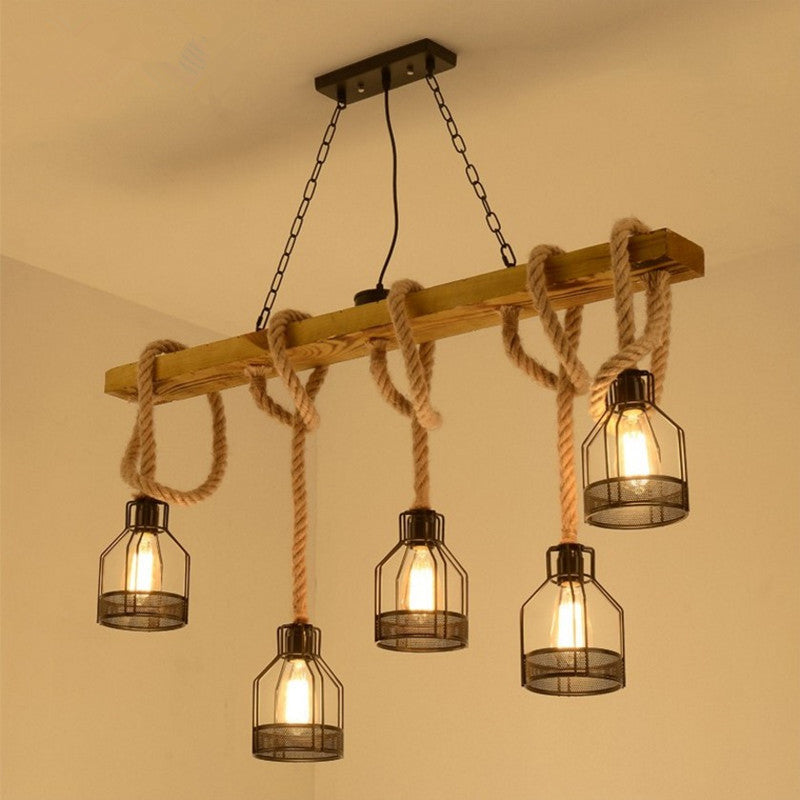 Rustic Wood Beam Iron Cage 5-Light Chandelier for Dining Room Decor