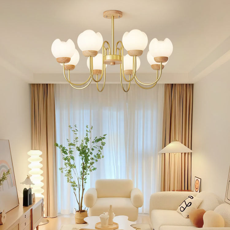 Modern Floral Metal and Rubberwood Chandelier Light for Living Room