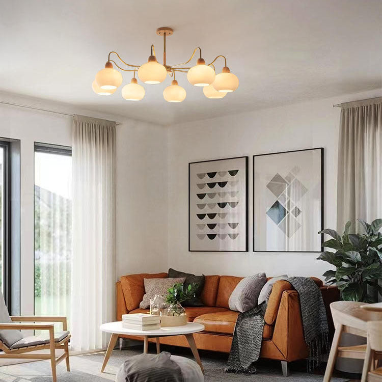 Scandinavian Rubberwood & Glass Round Chandelier for Modern Living Room