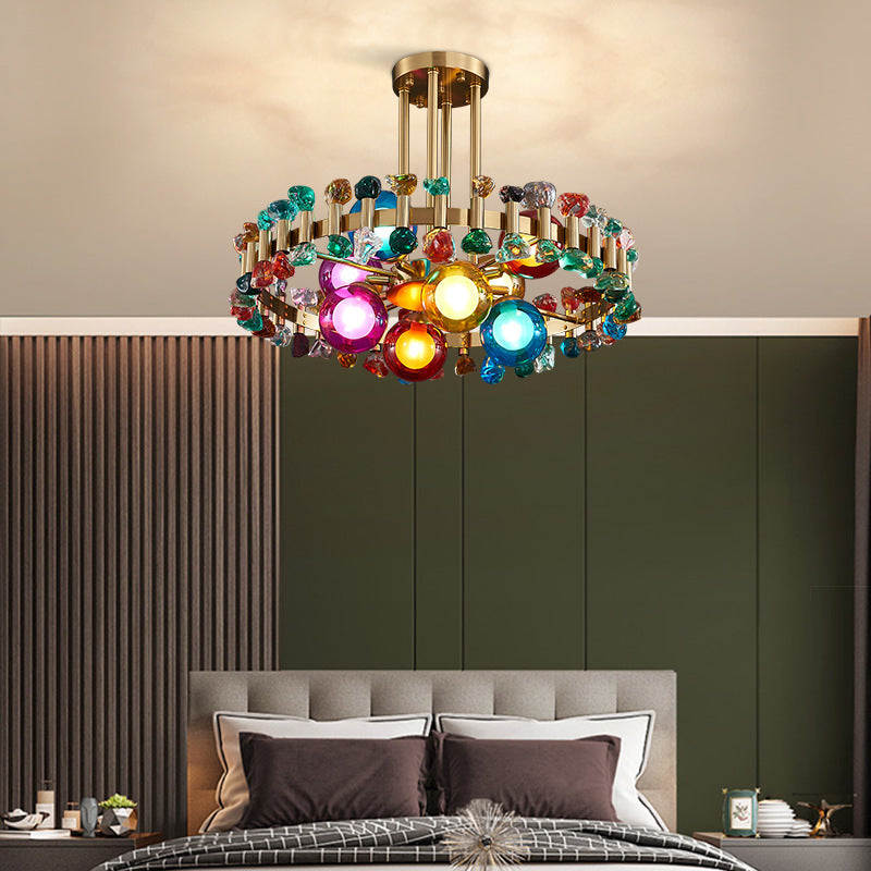 Modern Gold Finish Chandelier with Colorful Glass Shades for Living Room