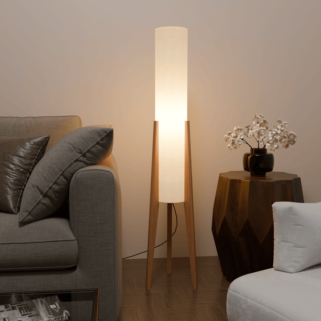 Modern White Fabric Floor Lamp with Wooden Base for Living Room Use
