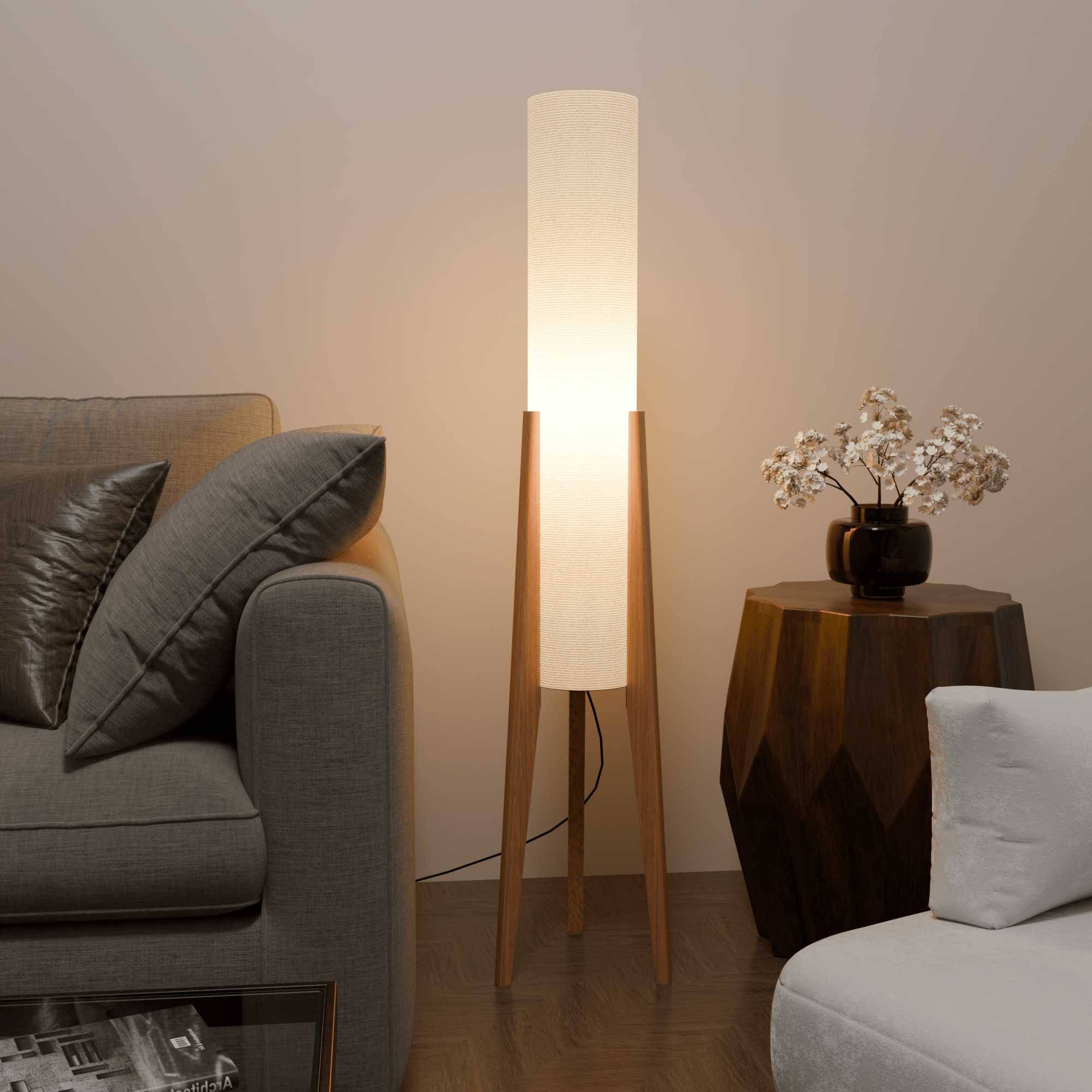 Modern White Fabric Floor Lamp with Wooden Base for Living Room Use
