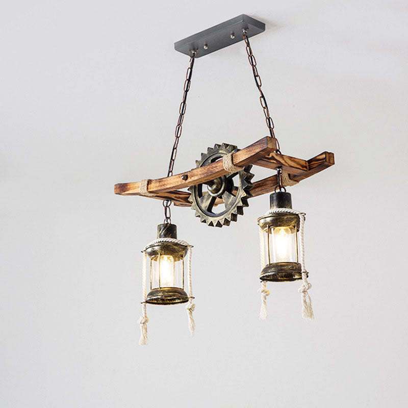 Rustic Industrial 2-Light Wooden and Metal Chandelier for Kitchen Island