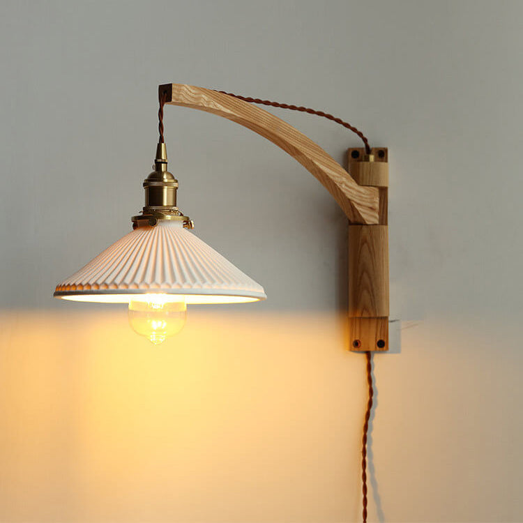 Elegant White Striped Glass 1-Light Walnut Wall Sconce for Modern Rooms