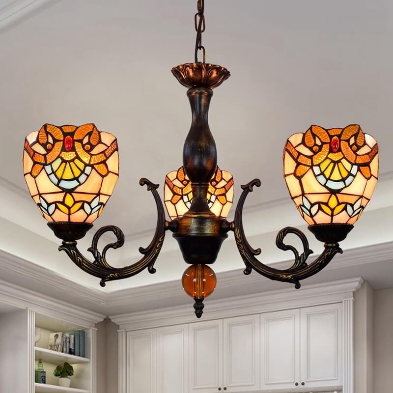 Traditional Tiffany Baroque Bell Alloy Glass 3-Light Chandelier For Living Room