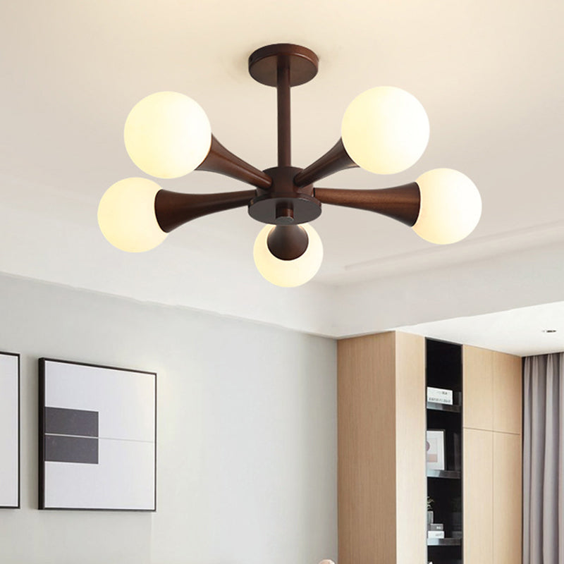 Rustic Japanese Wood Frame Glass Chandelier Light Fixture for Living Room