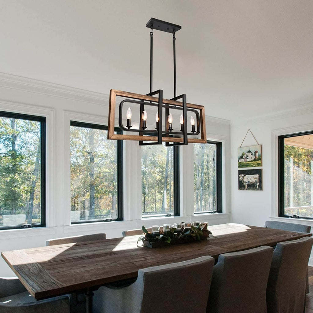 Rustic Vintage Wood and Iron 4/6 Light Rectangular Island Chandelier