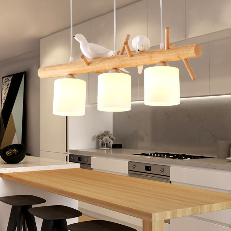 Scandinavian Wood and Glass Cylinder Chandelier for Dining Room Lighting