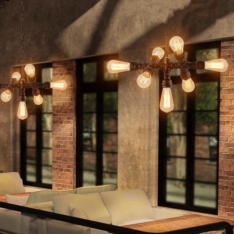 Rustic Industrial Black Iron 7-Light Water Pipe Chandelier for Loft Dining
