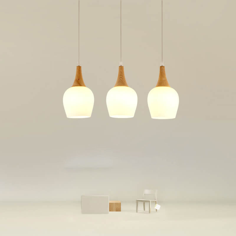 Nordic Solid Wood and Glass White Bottle Chandelier for Kitchen Island