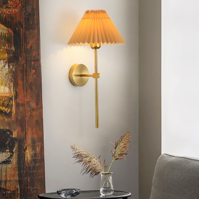 Antique Beige Pleated Fabric Shade Wall Sconce Lamp for Bedroom Decor