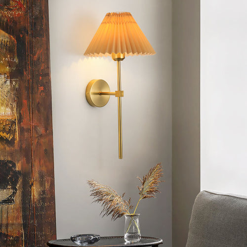 Antique Beige Pleated Fabric Shade Wall Sconce Lamp for Bedroom Decor