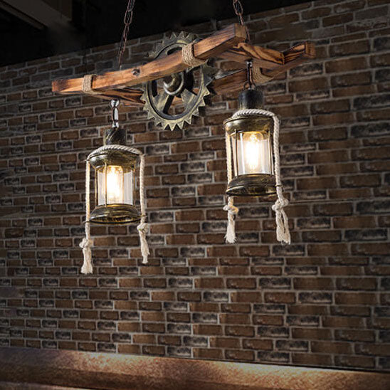 Rustic Industrial 2-Light Wooden and Metal Chandelier for Kitchen Island