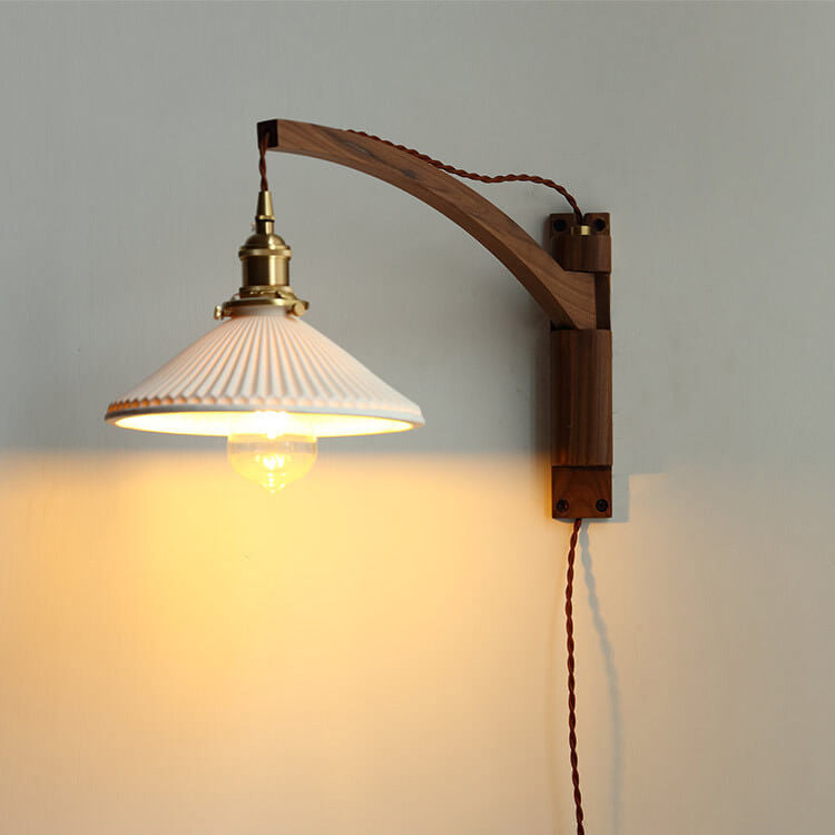 Elegant White Striped Glass 1-Light Walnut Wall Sconce for Modern Rooms