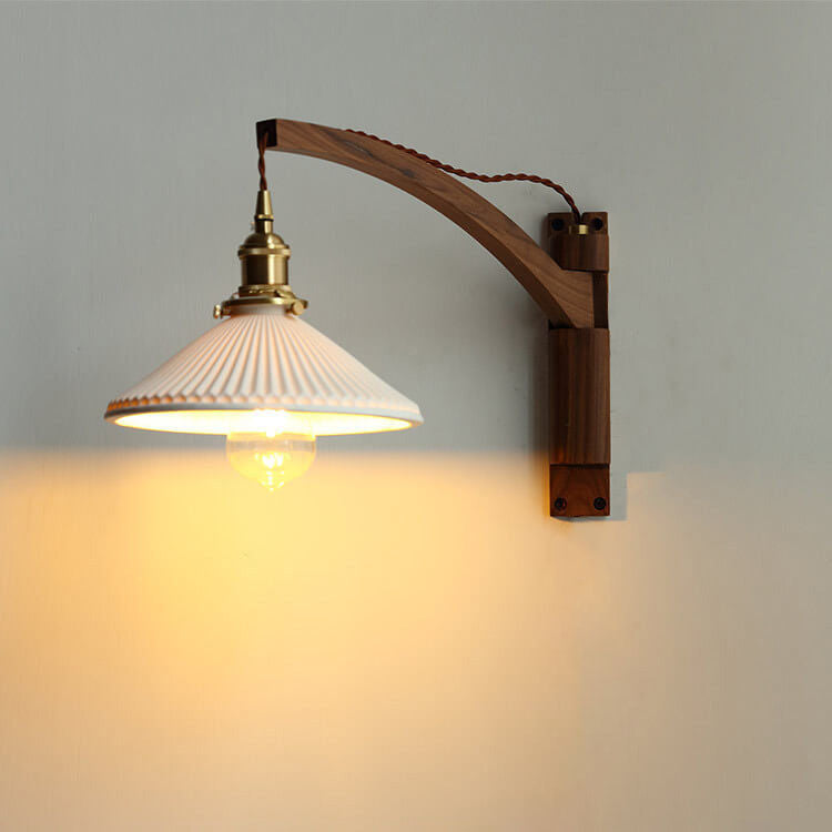 Elegant White Striped Glass 1-Light Walnut Wall Sconce for Modern Rooms