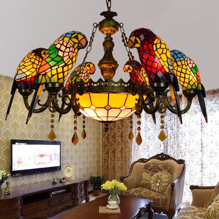 Vibrant Tiffany Stained Glass Parrot 8-Light Chandelier for Living Room