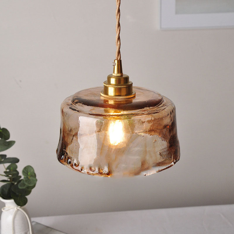 Vintage Amber Glass Drum Pendant Light with Brass for Living Room