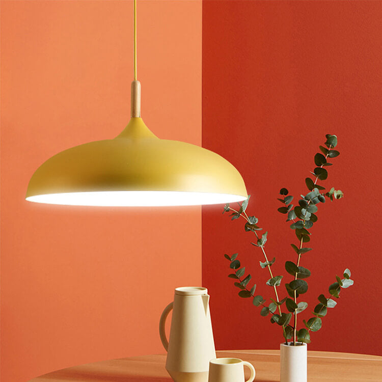 Sleek Black Metal and Wood Dome Pendant Light for Kitchen or Dining Room
