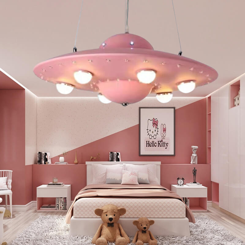 Kids' Modern Spaceship LED Chandelier in Iron & Glass for Bedroom Decor