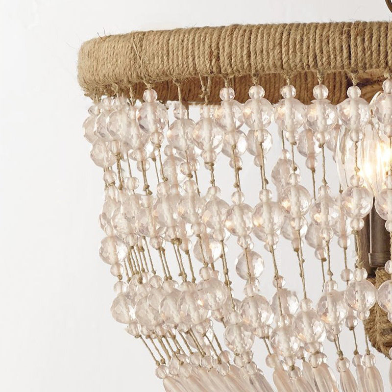 Rustic Round Hemp Rope Crystal 3-Light Chandelier for Living Room Décor