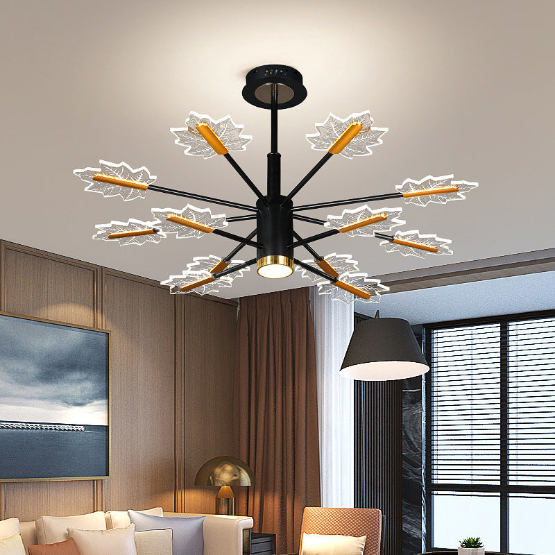 Sleek Black Iron Acrylic LED Chandelier with Maple Leaf Design for Living Room