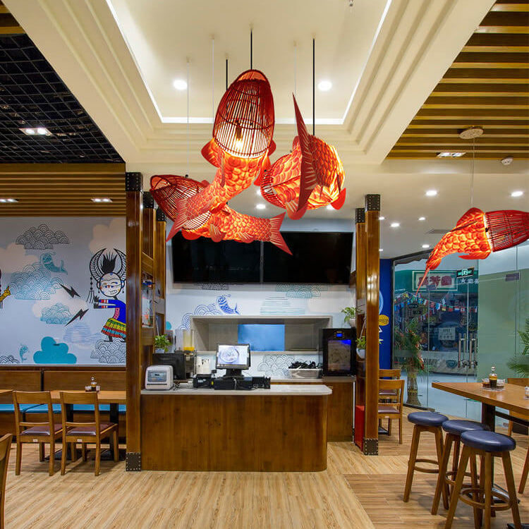 Elegant Chinese Koi Fish Iron and PVC Chandelier for Dining Room 2/4 Lights