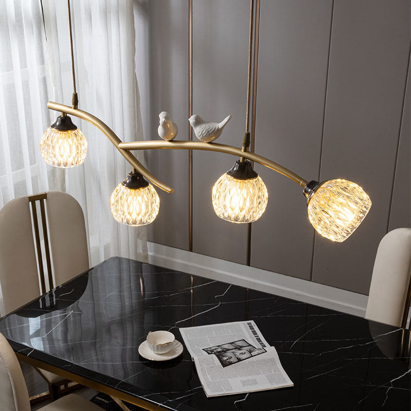 Japanese Minimalist Copper and Glass 4-Light Chandelier for Kitchen Island