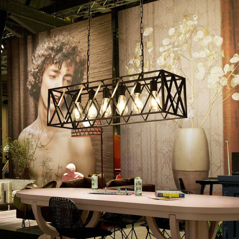 Rustic Black Iron Cage Rectangle Chandelier for Dining Room Island Light