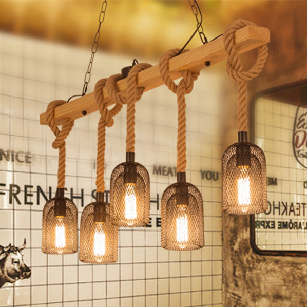 Rustic Wood Beam Iron Cage 5-Light Chandelier for Dining Room Decor