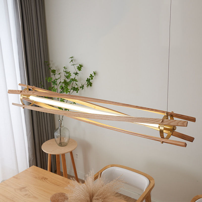 Rustic Ash Wood & Brass LED Island Chandelier for Dining Room Elegance