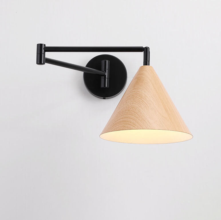 Modern Wood Grain Iron Cone Swing Arm Wall Sconce for Bedroom Decor