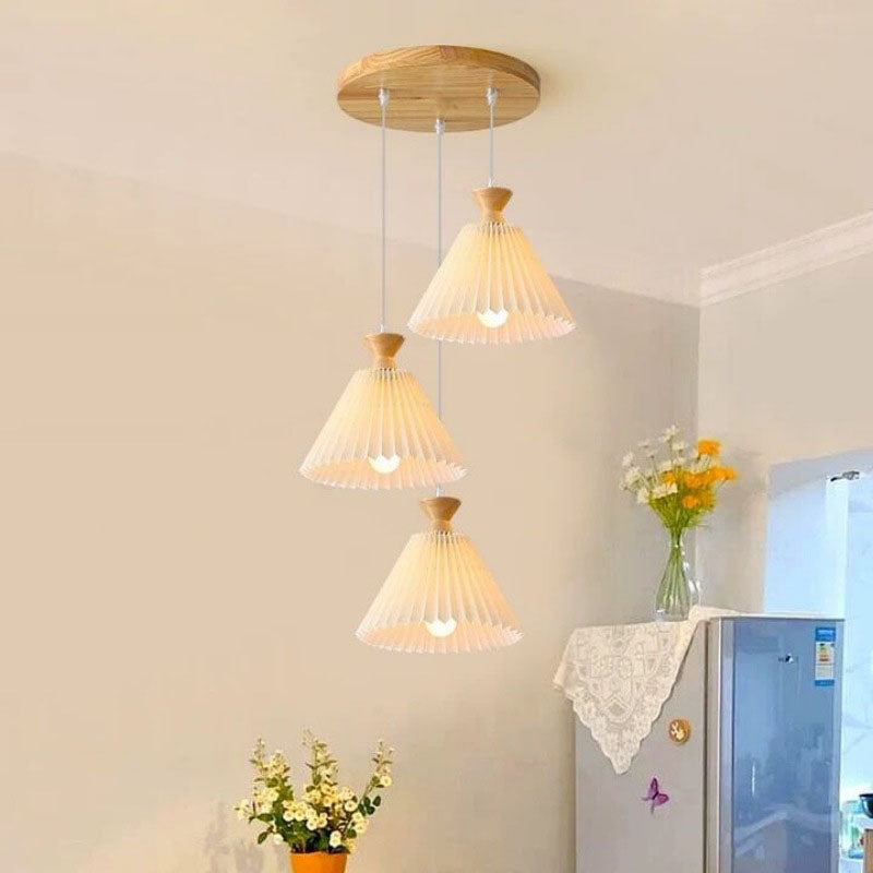 Traditional Japanese Pleated Cone Rubberwood Chandelier for Living Room