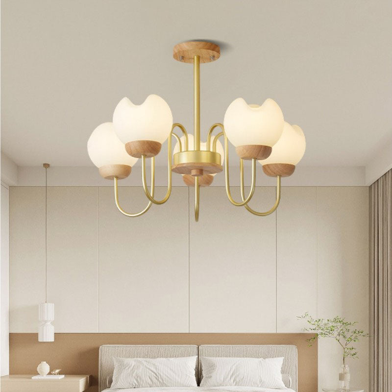 Modern Floral Metal and Rubberwood Chandelier Light for Living Room
