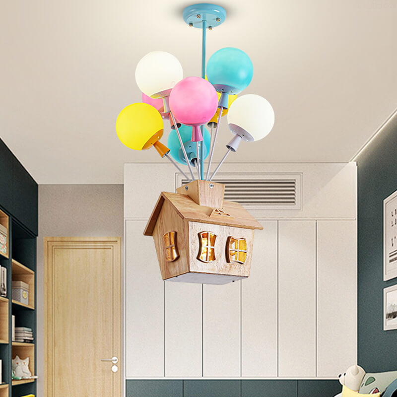 Modern Black and Wood 9-Light Glass Chandelier for Bedroom Decor