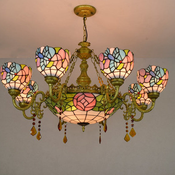 Vintage Tiffany-Style Floral Dome Iron Glass Chandelier for Living Room