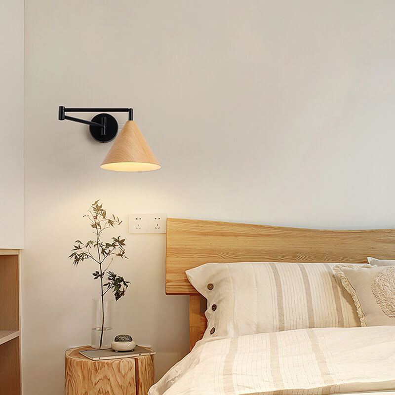 Modern Wood Grain Iron Cone Swing Arm Wall Sconce for Bedroom Decor