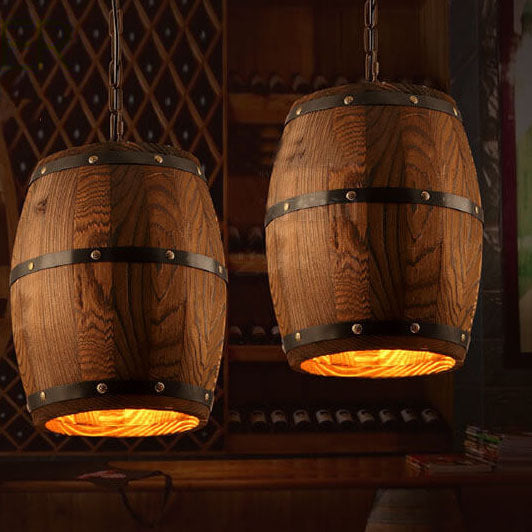 Rustic Round Iron & Wood Wine Barrel 1-Light Pendant for Dining Room