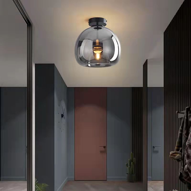 Modern Nordic Round Glass and Iron Semi-Flush Mount Ceiling Light for Living Room
