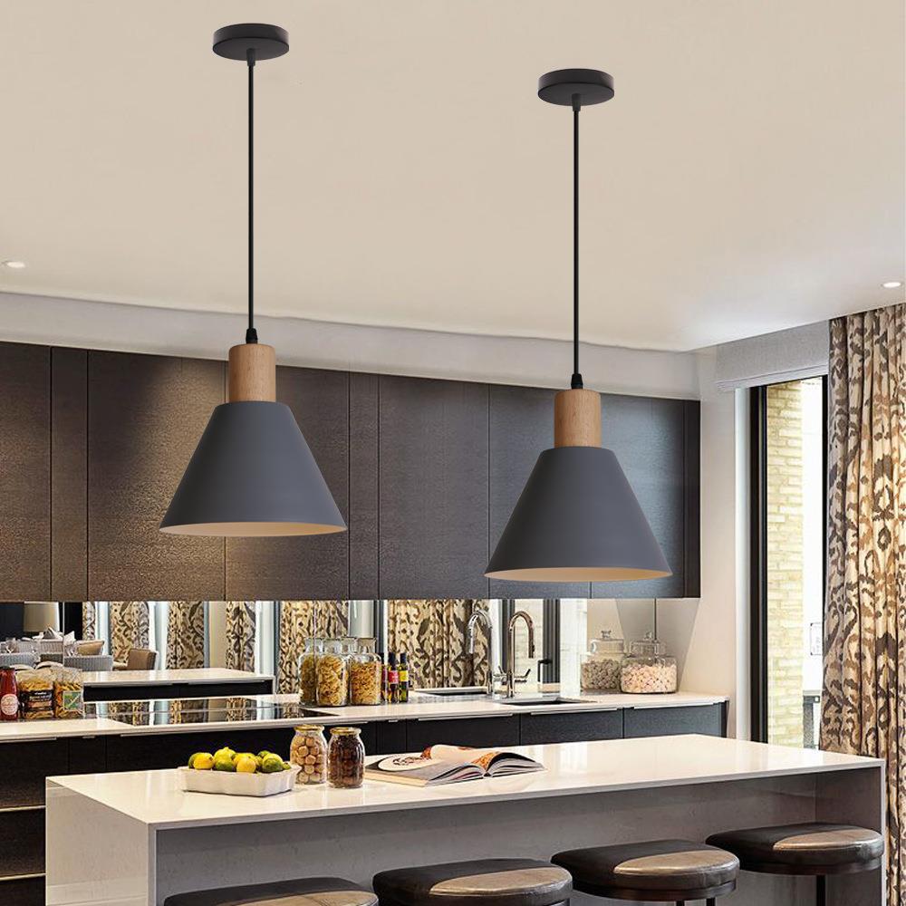Vintage Iron and Wood Round Cone Pendant Light for Living Room Decor
