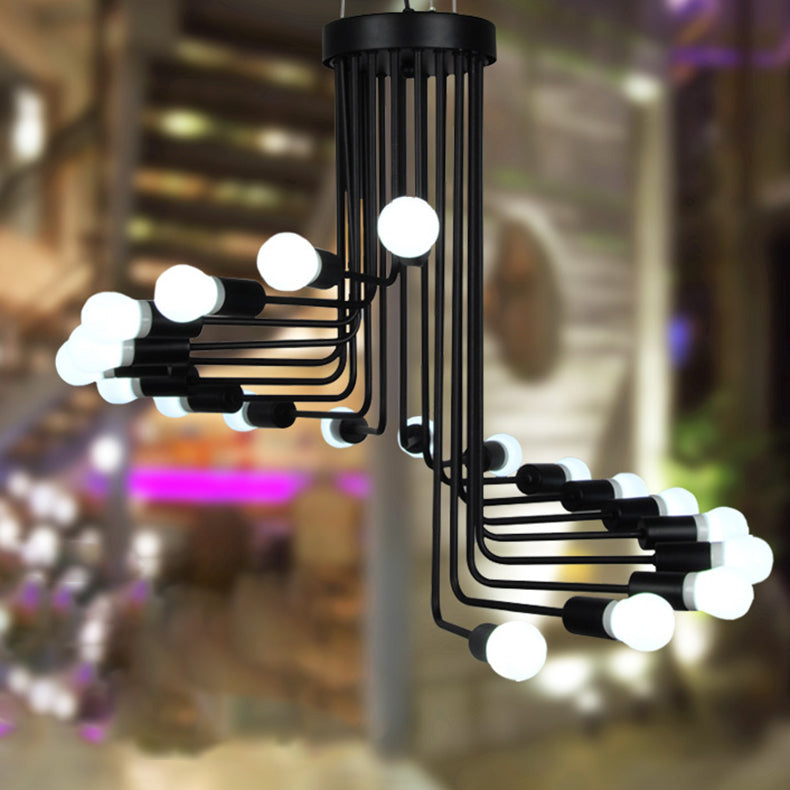 Vintage-inspired Black Iron Helical Chandelier for Entryway Lighting