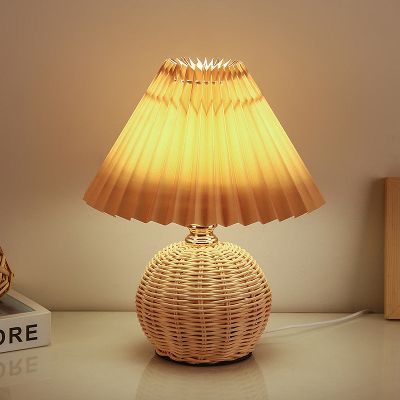 Scandinavian Rattan Pleated Conic LED Table Lamp for Modern Bedrooms