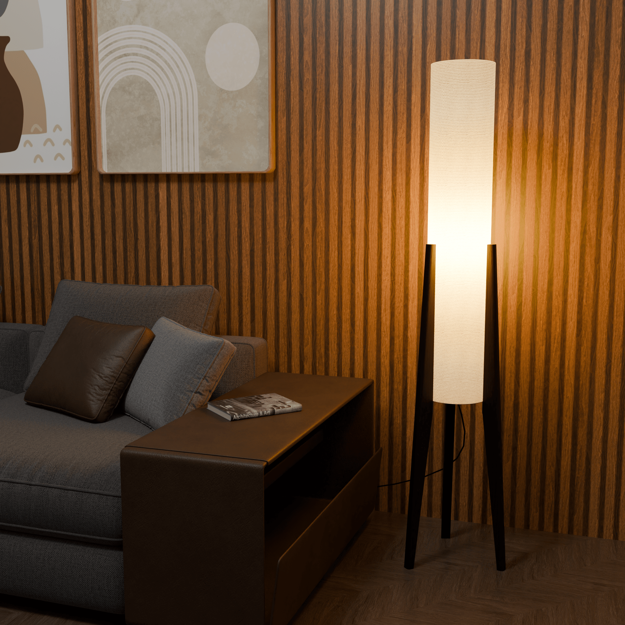 Modern White Fabric Floor Lamp with Wooden Base for Living Room Use