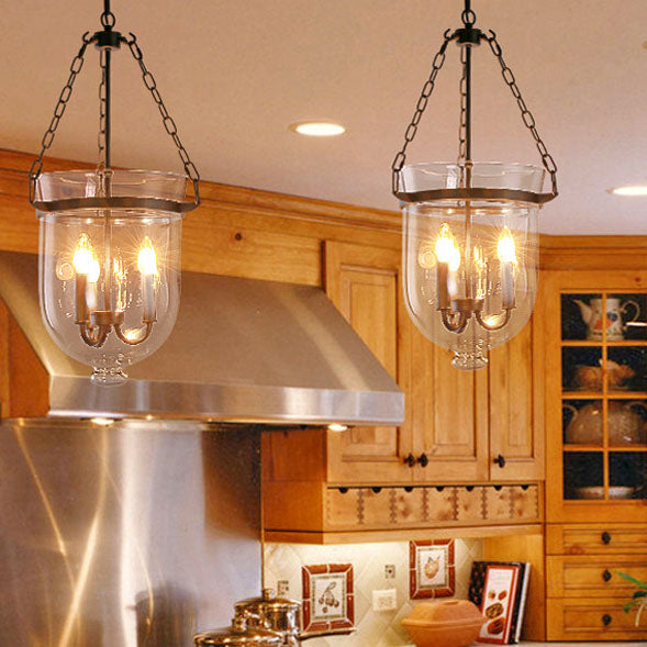 Rustic Iron 3-Light Round Glass Bucket Candelabra Chandelier for Living Room